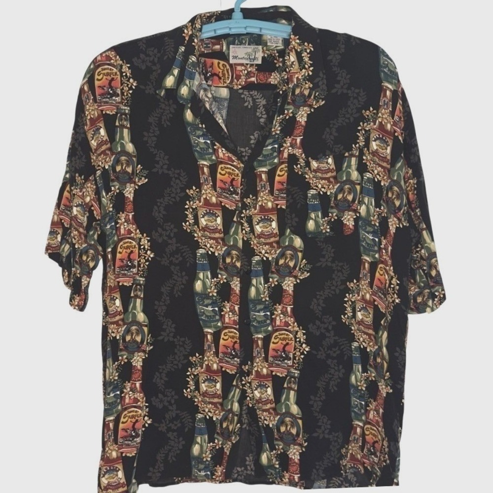 Monticerutti Hawaiian Shirt Mens‎ Black Beer Bottle Party Beach Surfer Floral XL